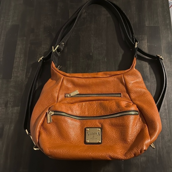 Valentina Italy Orange Pebbled Genuine Leather Handbag Backpack - Picture 1 of 8